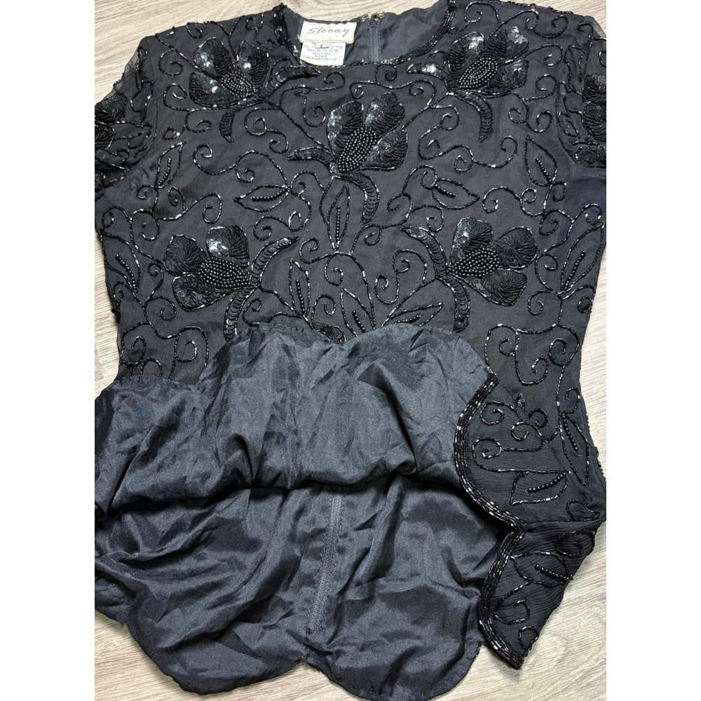 Stenay Vintage Black Silk Beaded Sequin Floral Long Sleeve Blouse Scallop Hem S - Picture 8 of 8